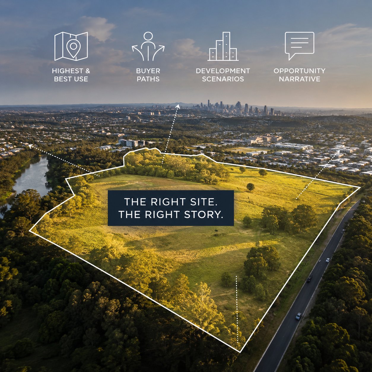 Aerial of a parcel with its boundary outlined and labeled icons for highest and best use, buyer paths, development scenarios, and opportunity narrative