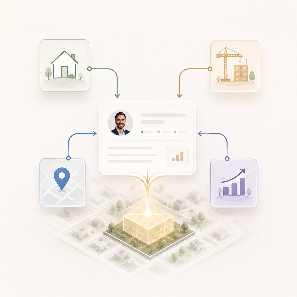 Property signals and location data flow into an agent-branded profile that surfaces a property's potential
