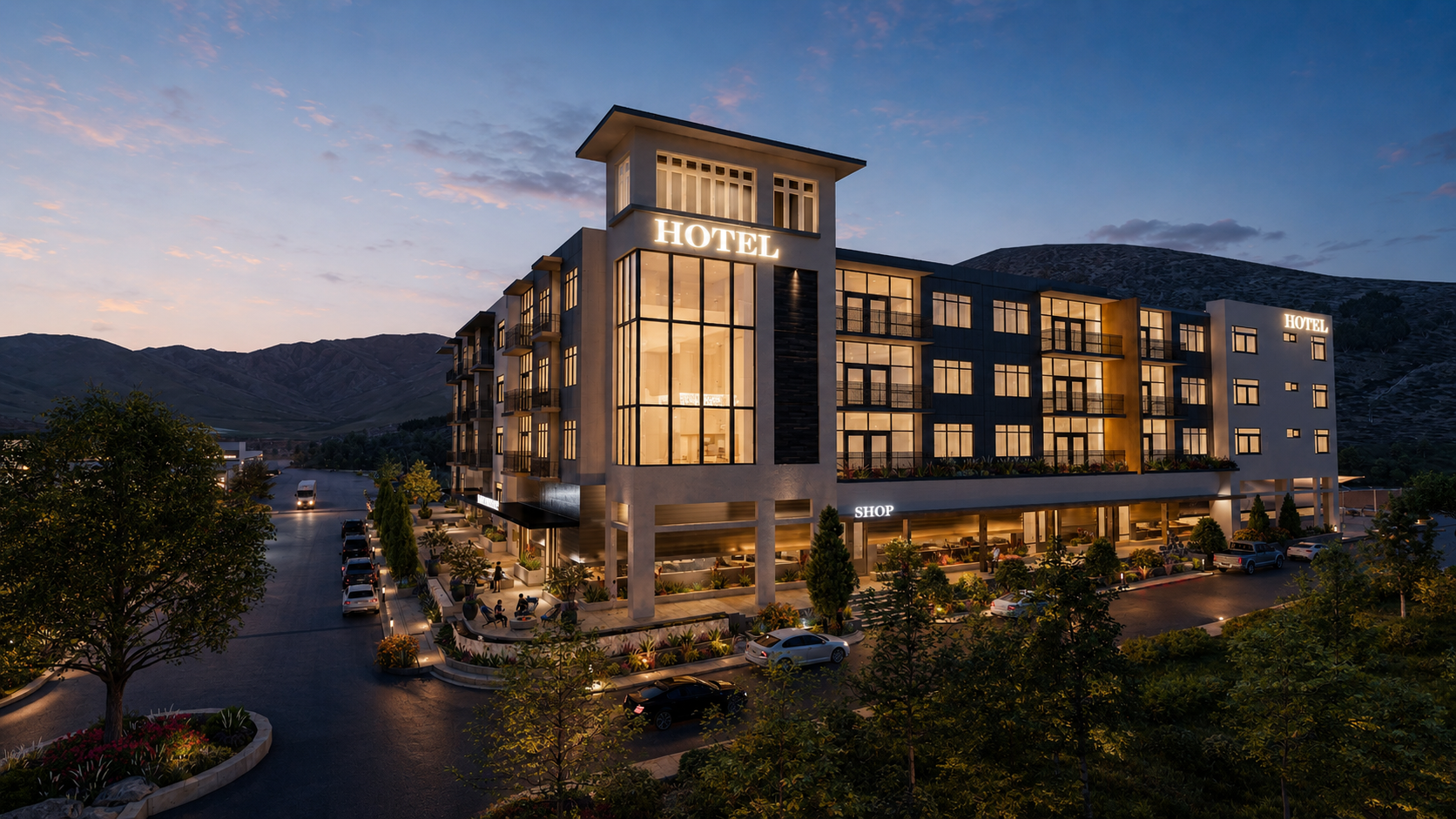 Hospitality resort development at dusk