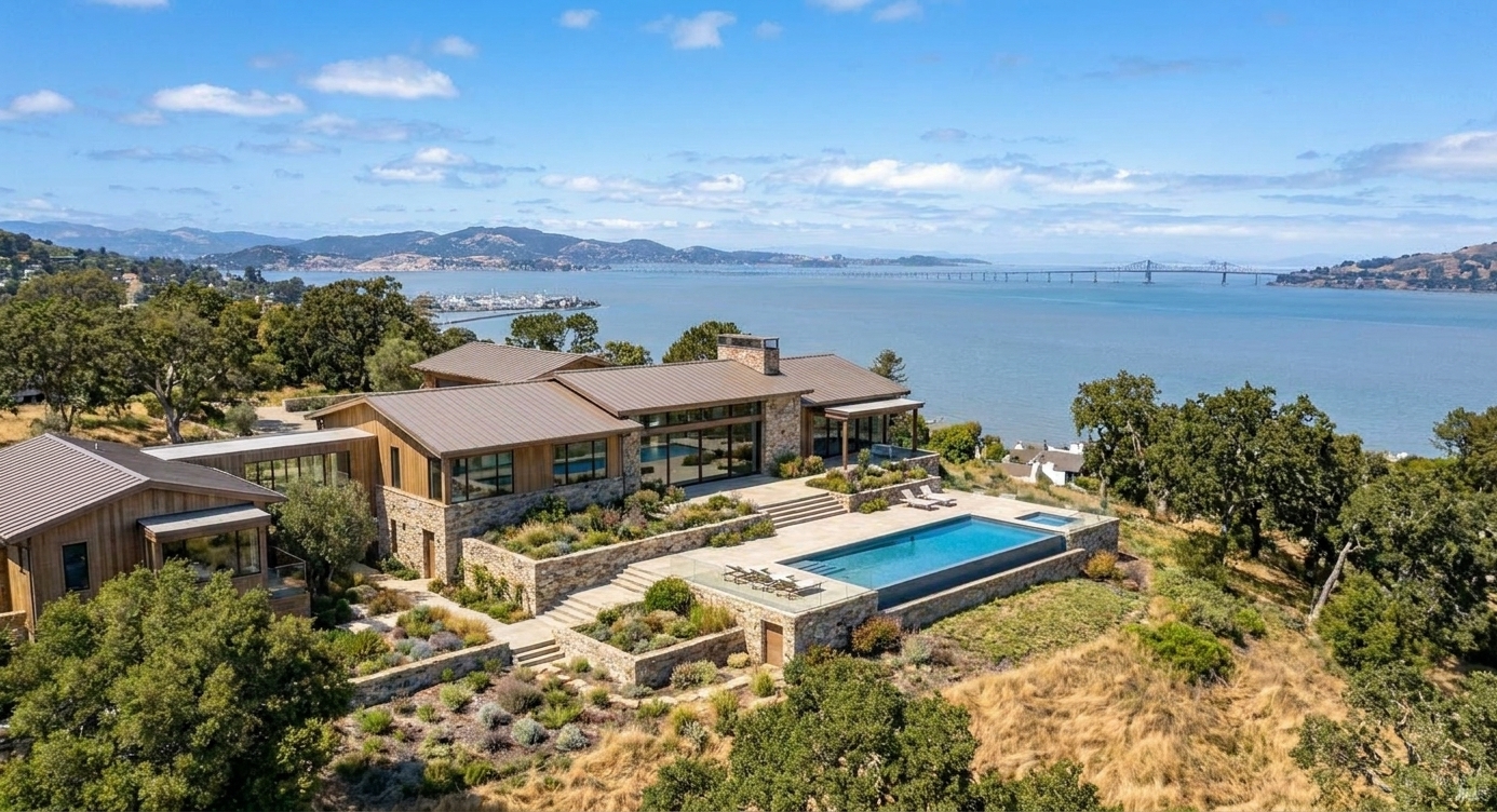 Hillside estate with infinity pool at sunset over the bay